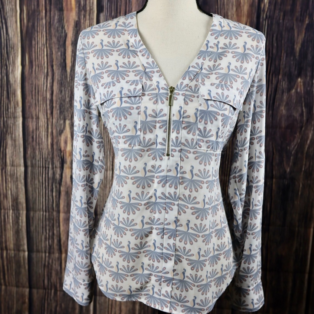 Express printed long sleeved dress blouse with gold zipper detailing